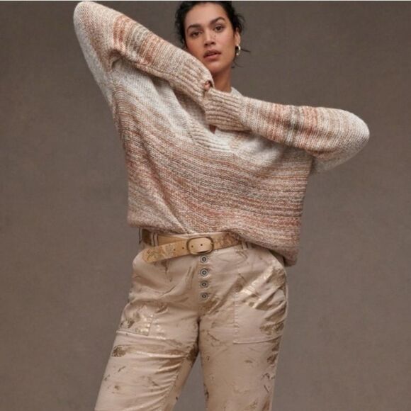 Pilcro- Anthropologie “Joyce” Neutral Striped V Neck Chunky Crop Sweater- Size S - Picture 2 of 10